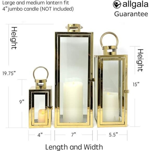 3-PC Lantern Set 23 Inch Jumbo Deluxe Modern Candle Lantern Set Stainless Steel - Picture 2 of 7
